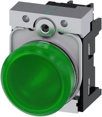 Indikatorlys, 22 mm, rund, metal, skinnende, grøn, glat linse, med holder, LED modul, med integreret LED 230V AC, skrue terminal 3SU1156-6AA40-1AA0