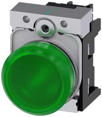 Indikatorlys, 22 mm, rund, metal, skinnende, grøn, glat linse, med holder, LED modul, med integreret LED 230V AC, skrue terminal 3SU1156-6AA40-1AA0