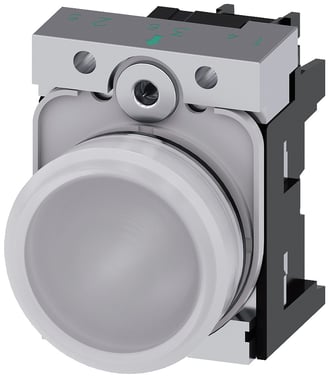Indikatorlys, 22 mm, rund, metal, skinnende, hvid, glat linse, med holder, LED modul, med integreret LED 230V AC, skrue terminal 3SU1156-6AA60-1AA0