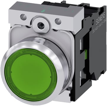 Lystrykknap, 22 mm, rund, metal, skinnende, grøn, flad, momentan kontakt type, med holder, 1NO, LED modul, med integreret LED 24V 3SU1152-0AB40-1BA0