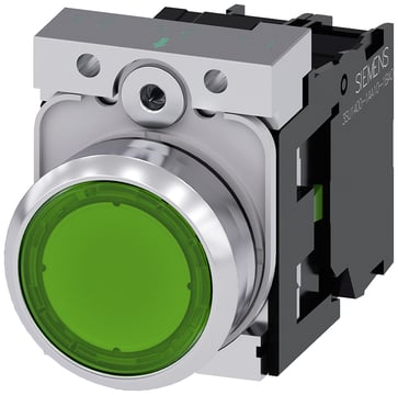 Lystrykknap, 22 mm, rund, metal, skinnende, grøn, flad, momentan kontakt type, med holder, 1NO, LED modul, med integreret LED 24V 3SU1152-0AB40-1BA0