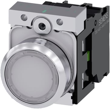 Lystrykknap, 22 mm, rund, metal, skinnende, hvid, flad, momentan kontakt type, med holder, 1NO, LED modul, med integreret LED 24V 3SU1152-0AB60-1BA0