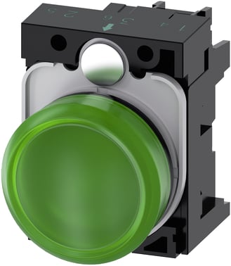 Indikatorlys, 22 mm, rund, plastik, grøn, glat linse, med holder, LED modul 24V AC/DC 3SU1106-6AA40-1AA0