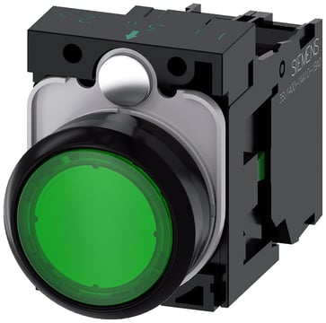 Lystrykknap, 22 mm, rund, plastik, grøn, flad, momentan kontakt type, med holder, 1NO, LED modul 3SU1102-0AB40-1BA0