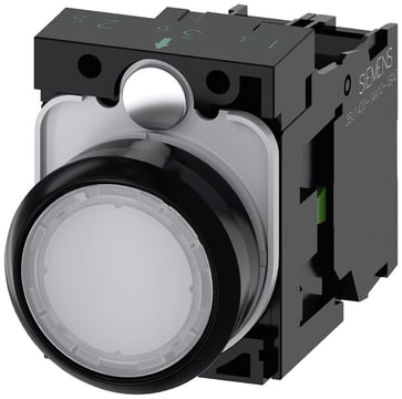 Lystrykknap, 22 mm, rund, plastik, hvid, flad, momentan kontakt type, med holder, 1NO, LED modul 3SU1102-0AB60-1BA0