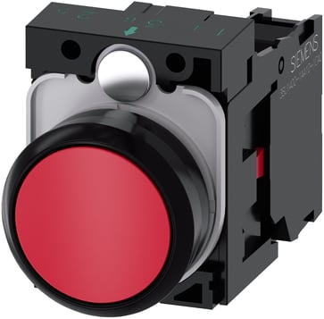 Trykknap, 22 mm, rund, plastik, rød, flad, momentan kontakt type, med holder 1NC, skrue terminal 3SU1100-0AB20-1CA0