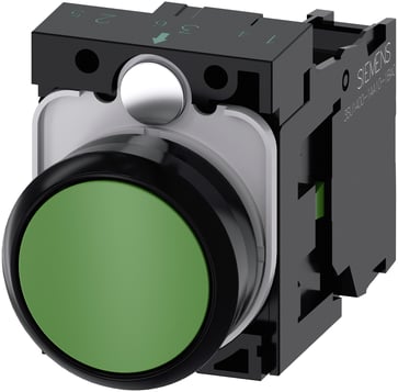 Trykknap, 22 mm, rund, plastik, grøn, flad, momentan kontakt type, med holder 1NO, skrue terminal 3SU1100-0AB40-1BA0