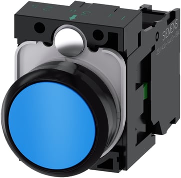 Trykknap, 22 mm, rund, plastik, blå, flad, momentan kontakt type, med holder 1NO, skrue terminal 3SU1100-0AB50-1BA0