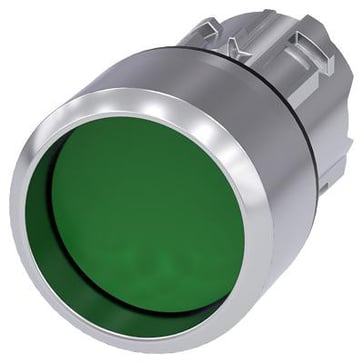 Trykknap, 22 mm, rund, metal, skinnede, grøn, front ring, forhøjet, 3SU1050-0CB40-0AA0