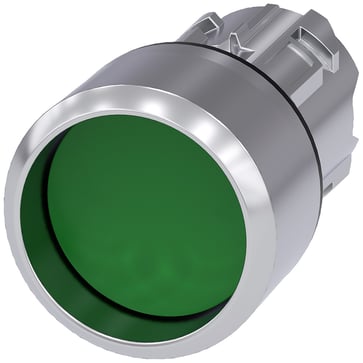 Trykknap, 22 mm, rund, metal, skinnede, grøn, front ring, forhøjet, 3SU1050-0CB40-0AA0