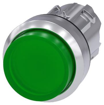 Lystrykknap, 22 mm, rund, metal, skinnede, grøn, Trykknap, forhøjet, 3SU1051-0BB40-0AA0