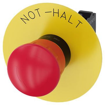 Nødstop paddetryk Trykknap rød, 40 mm med gul bagplade, inskription: NØDSTOP, med holder, 1 NC, fjeder 3SU1100-1HB20-3CH0