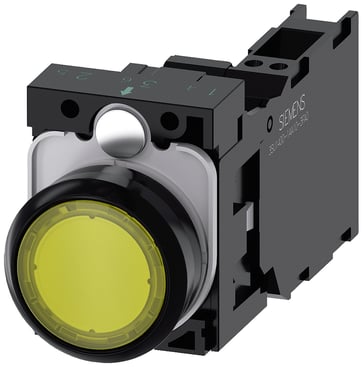 Lystrykknap gul, Trykknap, flad, med holder, 1 NO+1 NC, LED modul med integreret LED 24 V AC/DC, fjeder 3SU1102-0AB30-3FA0