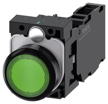 Lystrykknap grøn, Trykknap, flad, med holder, 1 NO+1 NC, LED modul med integreret LED 24 V AC/DC, skrue 3SU1102-0AB40-1FA0