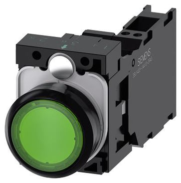 Lystrykknap grøn, Trykknap, flad, med holder, 1 NO+1 NC, LED modul med integreret LED 24 V AC/DC, fjeder 3SU1102-0AB40-3FA0