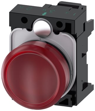 Indikatorlampe rød, linse, glat, med holder, LED modul med integreret LED 24 V AC/DC, fjeder 3SU1102-6AA20-3AA0