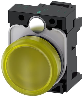 Indikatorlampe gul, linse, glat, med holder, LED modul med integreret LED 24 V AC/DC, fjeder 3SU1102-6AA30-3AA0