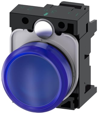 Indikatorlampe blå, linse, glat, med holder, LED modul med integreret LED 24 V AC/DC, fjeder 3SU1102-6AA50-3AA0