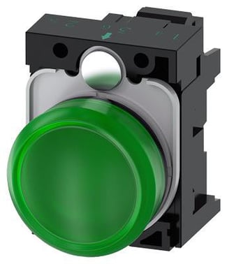 Indikatorlampe grøn, linse, glat, med holder, LED modul med integreret LED 24 V AC/DC, fjeder 3SU1102-6AA40-3AA0