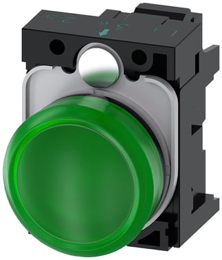Indikatorlampe grøn, linse, glat, med holder, LED modul med integreret LED 24 V AC/DC, fjeder 3SU1102-6AA40-3AA0