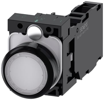 Lystrykknap hvid, Trykknap, flad, med holder, 1 NO+1 NC, LED modul med integreret LED 110 V AC, skrue 3SU1103-0AB60-1FA0