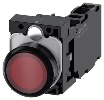 Lystrykknap rød, Trykknap, flad, med holder, 1 NO+1 NC, LED modul med integreret LED 230 V AC, skrue 3SU1106-0AB20-1FA0