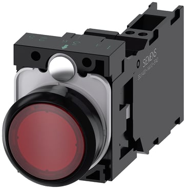 Lystrykknap rød, Trykknap, flad, med holder, 1 NO+1 NC, LED modul med integreret LED 230 V AC, fjeder 3SU1106-0AB20-3FA0
