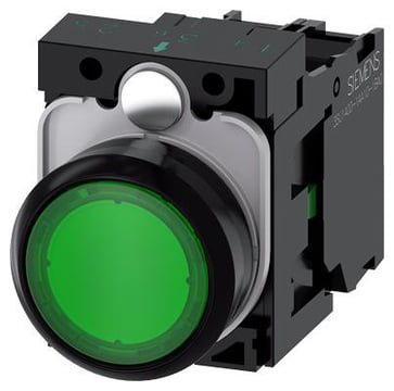 Lystrykknap grøn, Trykknap, flad, med holder, 1 NO, LED modul med integreret LED 230 V AC, skrue 3SU1106-0AB40-1BA0