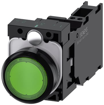 Lystrykknap grøn, Trykknap, flad, med holder, 1 NO+1 NC, LED modul med integreret LED 230 V AC, fjeder 3SU1106-0AB40-3FA0