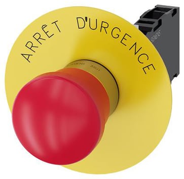Nødstop paddetryk Trykknap, rød, 40 mm med gul bagplade, inskription: Arrêt d'urgence, med holder, 1 NO+1 NC, skrue 3SU1150-1HA20-1FJ0