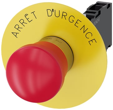 Nødstop paddetryk Trykknap, rød, 40 mm med gul bagplade, inskription: Arrêt d'urgence, med holder, 1 NO+1 NC, skrue 3SU1150-1HA20-1FJ0