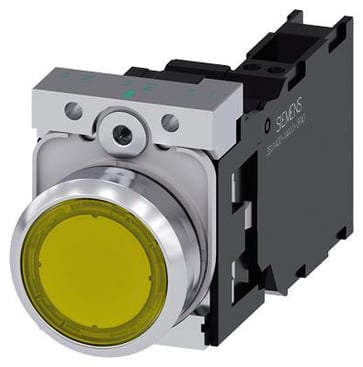Lystrykknap, gul, Trykknap, flad, med holder, 1 NO+1 NC, LED modul med integreret LED 24 V AC/DC, fjeder 3SU1152-0AB30-3FA0