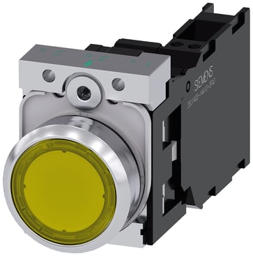 Lystrykknap, gul, Trykknap, flad, med holder, 1 NO+1 NC, LED modul med integreret LED 24 V AC/DC, fjeder 3SU1152-0AB30-3FA0