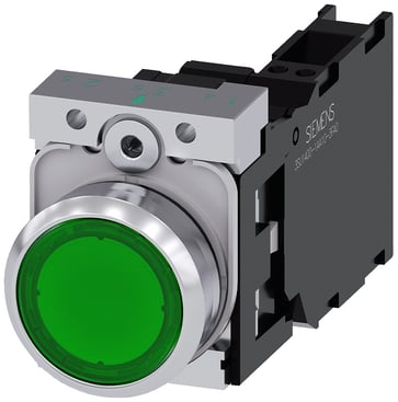 Lystrykknap, grøn, Trykknap, flad, med holder, 1 NO+1 NC, LED modul med integreret LED 24 V AC/DC, fjeder 3SU1152-0AB40-3FA0