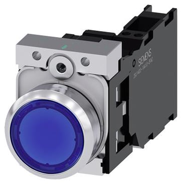 Lystrykknap, blå, Trykknap, flad, med holder, 1 NO+1 NC, LED modul med integreret LED 24 V AC/DC, fjeder 3SU1152-0AB50-3FA0