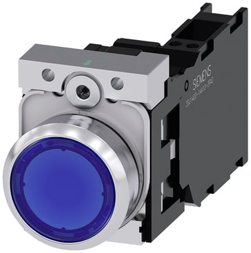 Lystrykknap, blå, Trykknap, flad, med holder, 1 NO+1 NC, LED modul med integreret LED 24 V AC/DC, fjeder 3SU1152-0AB50-3FA0