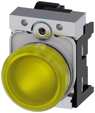 Indikatorlampe, gul, linse, glat, med holder, LED modul med integreret LED 24 V AC/DC, fjeder 3SU1152-6AA30-3AA0