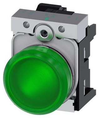 Indikatorlampe, grøn, linse, glat, med holder, LED modul med integreret LED 24 V AC/DC, fjeder 3SU1152-6AA40-3AA0