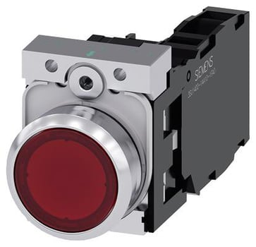 Lystrykknap, rød, Trykknap, flad, med holder, 1 NO+1 NC, LED modul med integreret LED 110 V AC, skrue 3SU1153-0AB20-1FA0