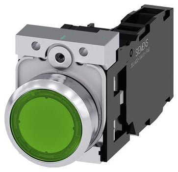 Lystrykknap, grøn, Trykknap, flad, med holder, 1 NO+1 NC, LED modul med integreret LED 110 V AC, skrue 3SU1153-0AB40-1FA0