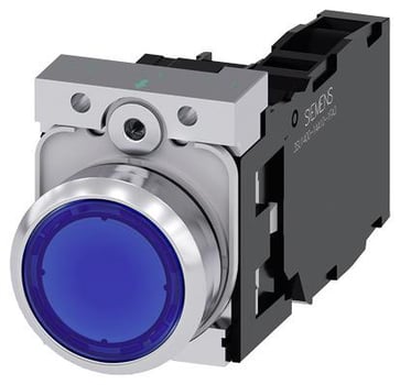 Lystrykknap, blå, Trykknap, flad, med holder, 1 NO+1 NC, LED modul med integreret LED 110 V AC, skrue 3SU1153-0AB50-1FA0