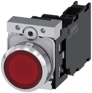 Lystrykknap, rød, Trykknap, flad, med holder, 1 NO+1 NC, LED modul med integreret LED 230 V AC, fjeder 3SU1156-0AB20-3FA0
