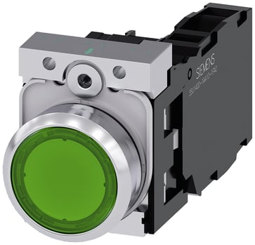 Lystrykknap, grøn, Trykknap, flad, med holder, 1 NO+1 NC, LED modul med integreret LED 230 V AC, skrue 3SU1156-0AB40-1FA0