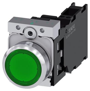 Lystrykknap, grøn, Trykknap, flad, med holder, 1 NO+1 NC, LED modul med integreret LED 230 V AC, fjeder 3SU1156-0AB40-3FA0