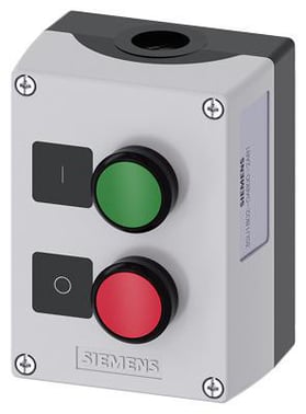 Kapsling  2 kontrol punkter plastik, B=Trykknap grøn, label: I, 1 NO, skrue 3SU1802-0AB00-2AB1