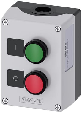 Kapsling  2 kontrol punkter plastik, B=Trykknap grøn, label: I, 1 NO, skrue 3SU1802-0AB00-2AB1