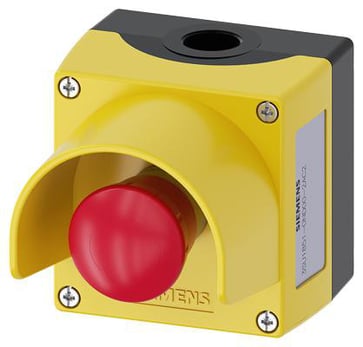 Kapsling metal, Hus top del gul, med beskyttende krave, 1 kontrol punkt metal Trykknap rød, 40 mm 3SU1851-0ND00-2AC2