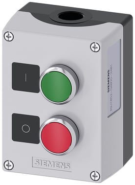 Kapsling metal, hus top del grå, 2 kontrol punkter metal, B=Trykknap grøn, label: I, 1 NO, skrue 3SU1852-0AB00-2AB1