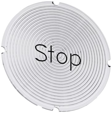 Inskription plade for lystrykknap, rund, hvid med sort font, inskription: Stop 3SU1900-0AB71-0DS0