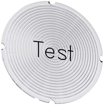 Inskription plade for lystrykknap, rund, hvid med sort font, inskription: test 3SU1900-0AB71-0DV0
